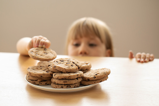 Small child sneaking a cookie from the plate