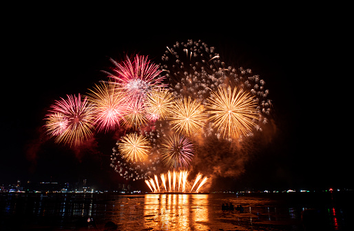 Fireworks show over a lake.